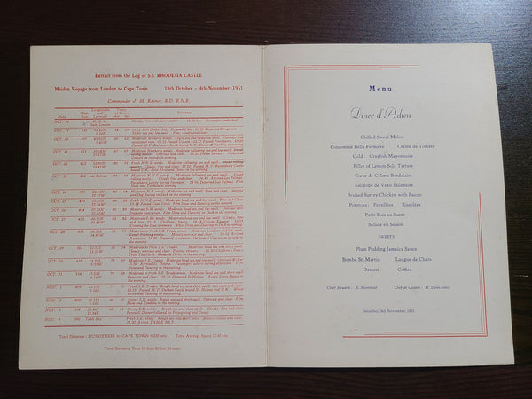 Union Castle Line S.S. Rhodesia Castle Dinner Menu