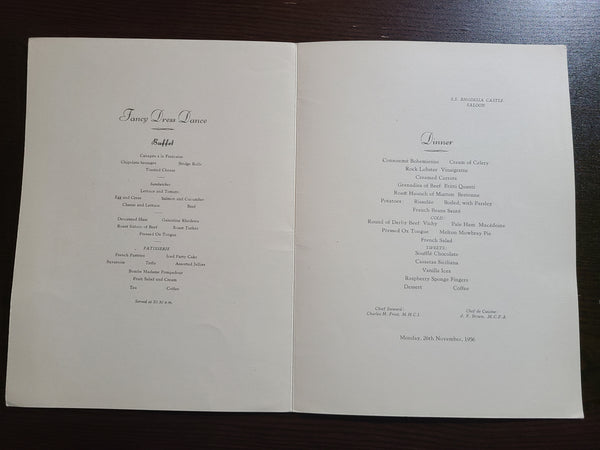 Union Castle Line S.S. Rhodesia Castle Dinner Menu