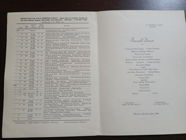 Union Castle Line S.S. Rhodesia Castle Dinner Menu