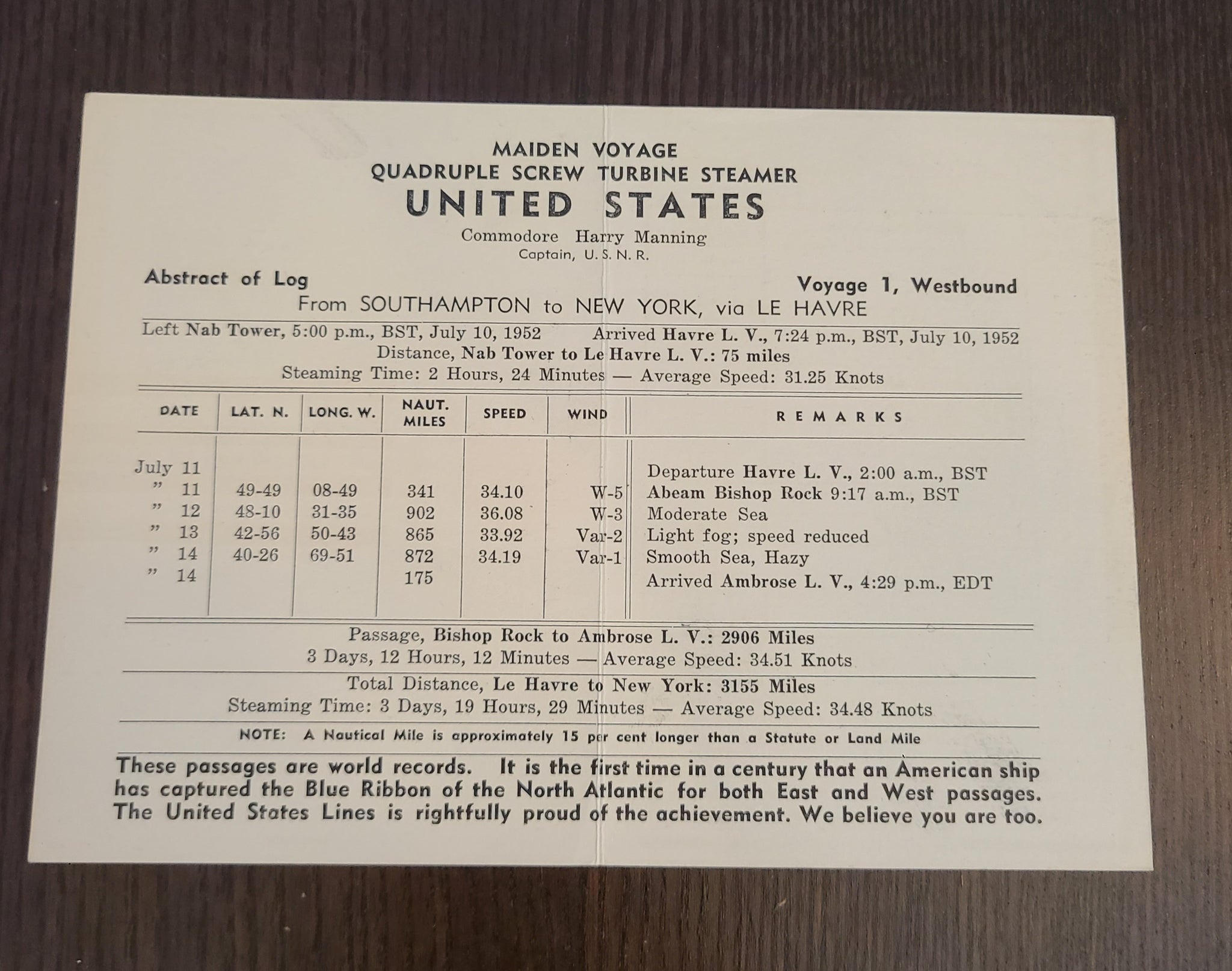 S.S. United States Maiden Voyage #1 Westbound Souvenir Log (July 11th, 1952)