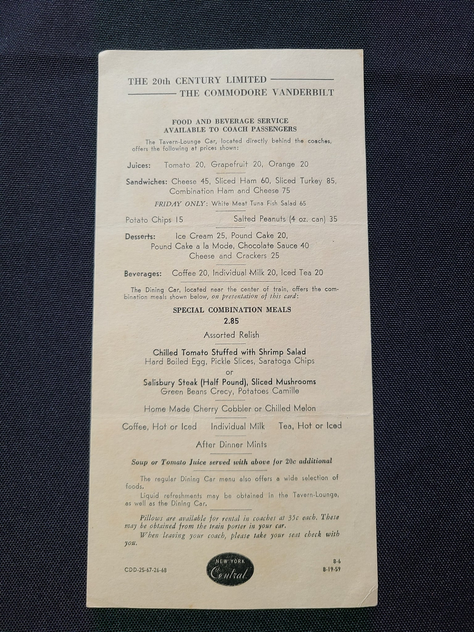 New York Central Railroad 20th Century Limited "The Commodore Vanderbilt" Menu (Aug, 1959)